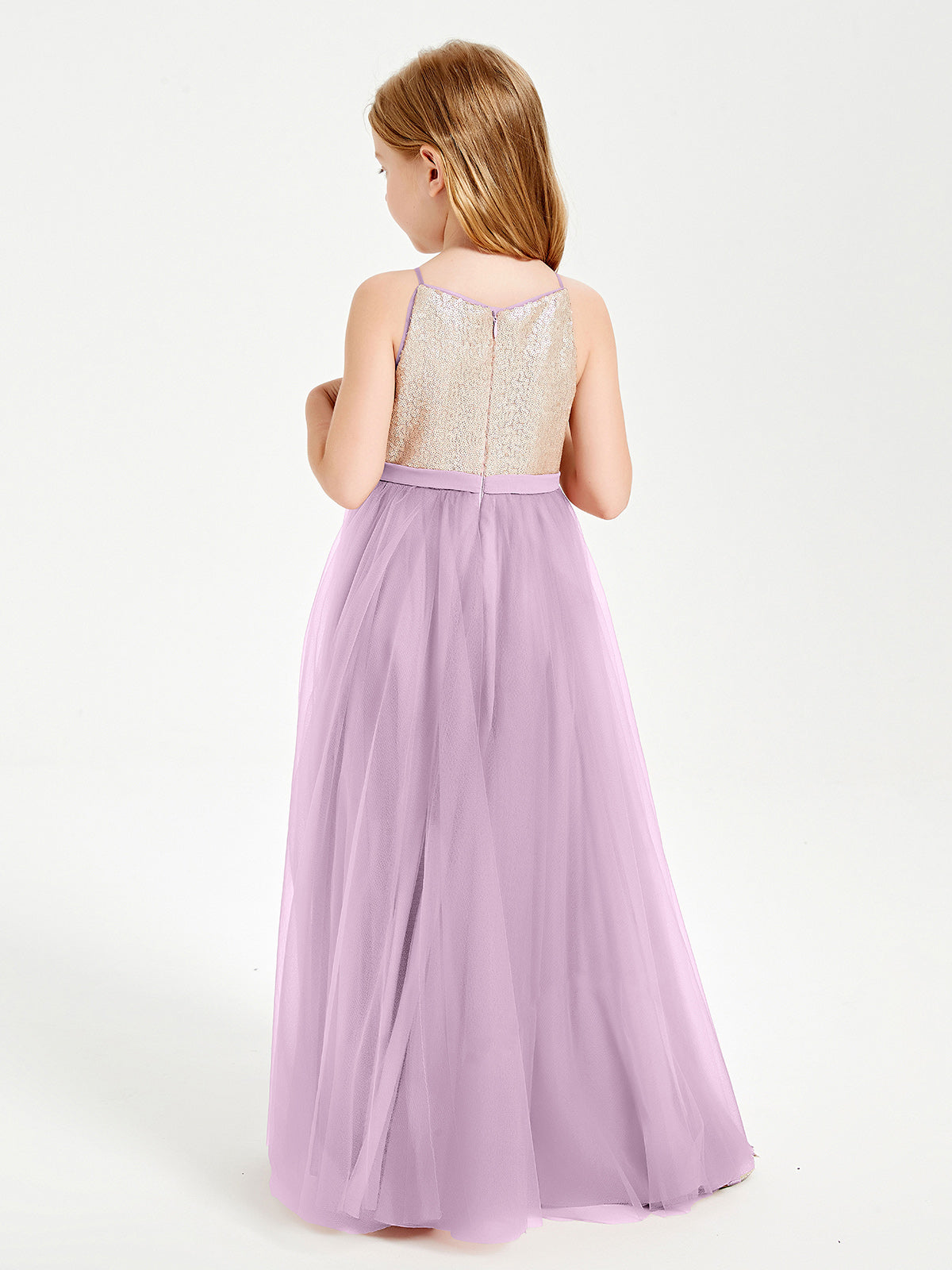 Sequined Top Long Tulle Junior Bridesmaid Gown Wisteria
